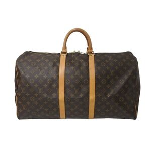 LOUIS VUITTON Keepall Boston Bag Monogram Coated Canvas Natural Leather Brown
